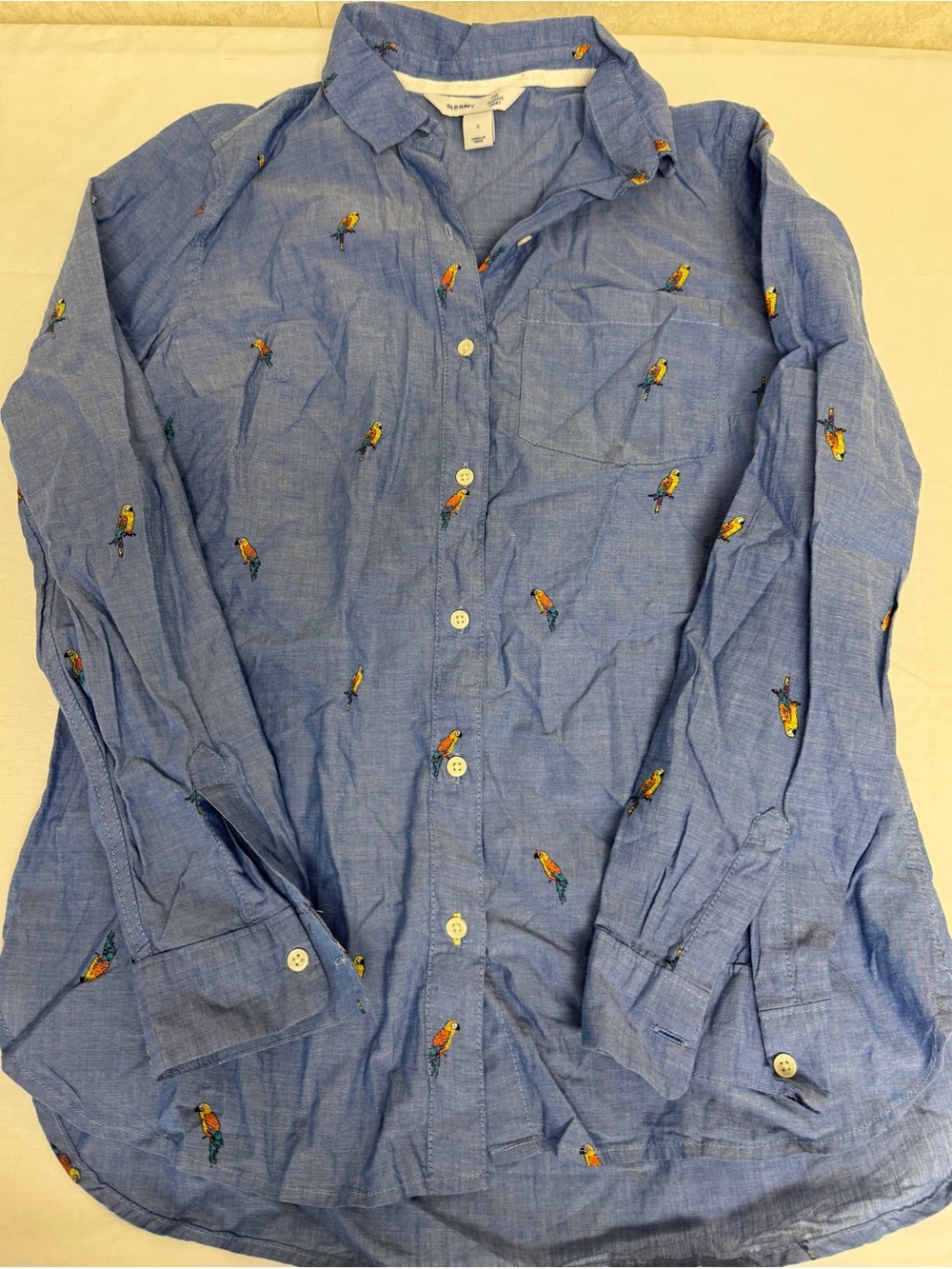 Old Navy Blue Button-Down Shirt with Parrot Embroidery